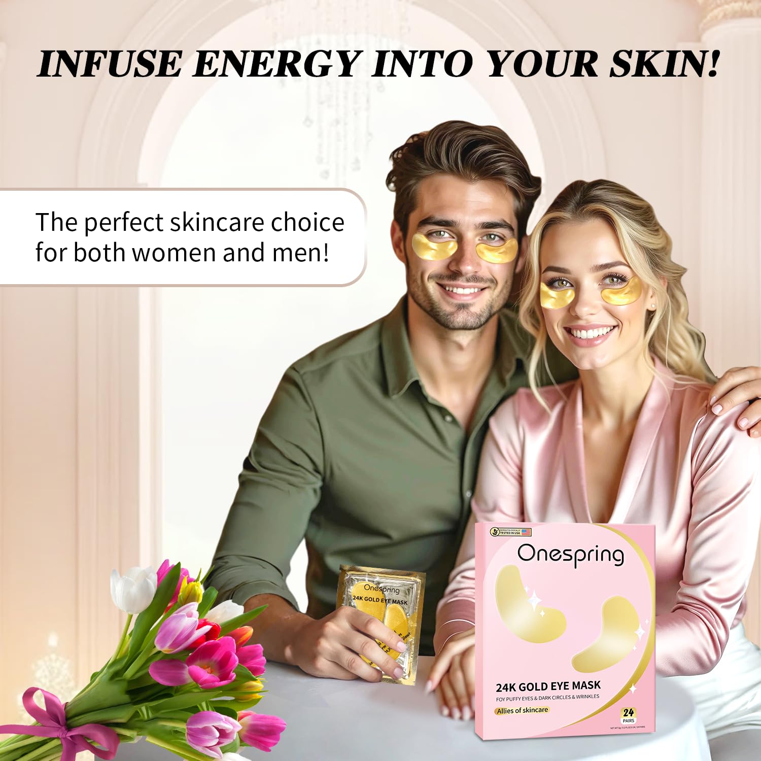 Onspring Under Eye Patches dark-circles-brightening imagery hints at brighter, awake-looking eyes