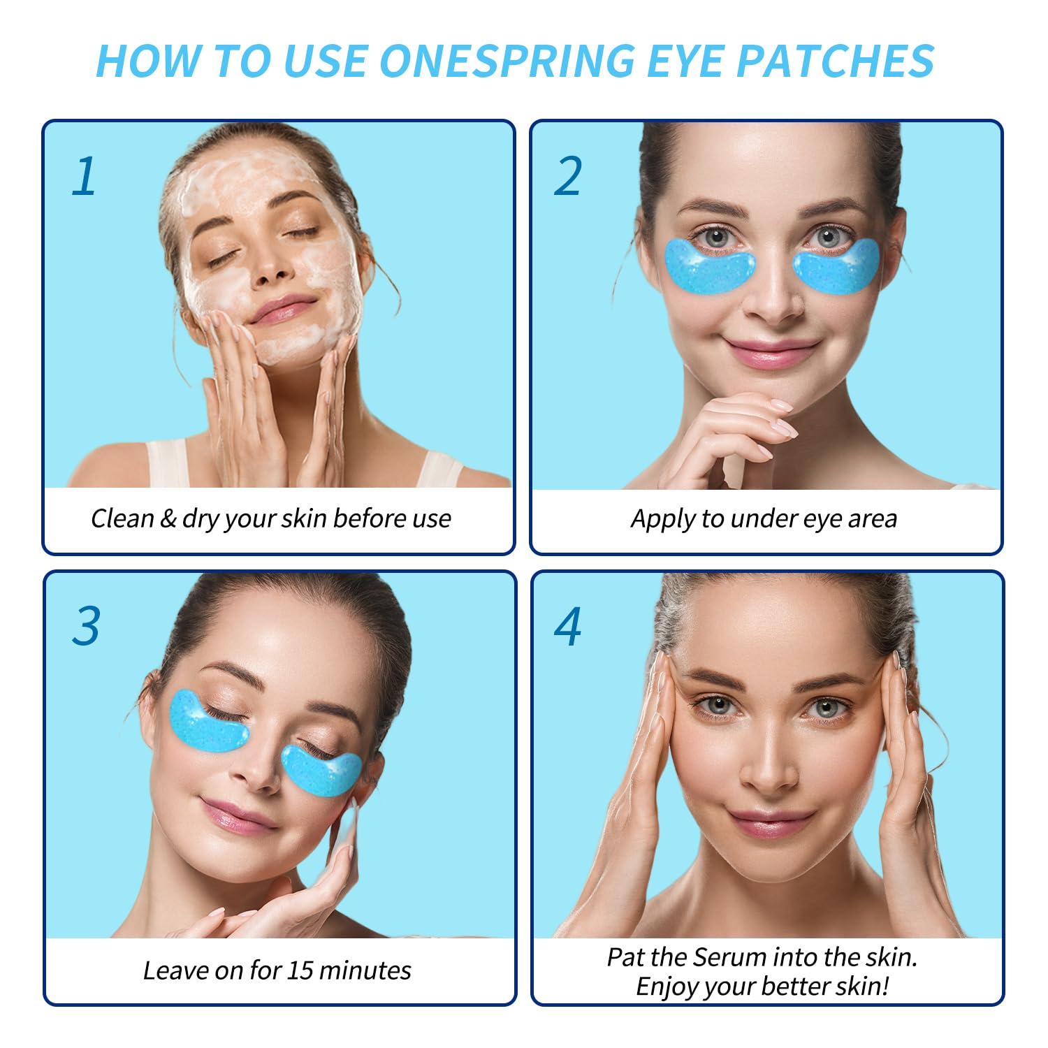 Onespring under-eye patches on skin highlight quick 15-minute pampering for puffiness.