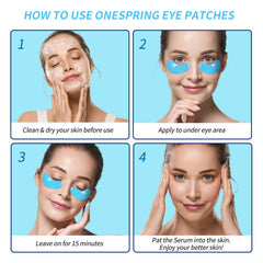 Onespring under-eye patches on skin highlight quick 15-minute pampering for puffiness.