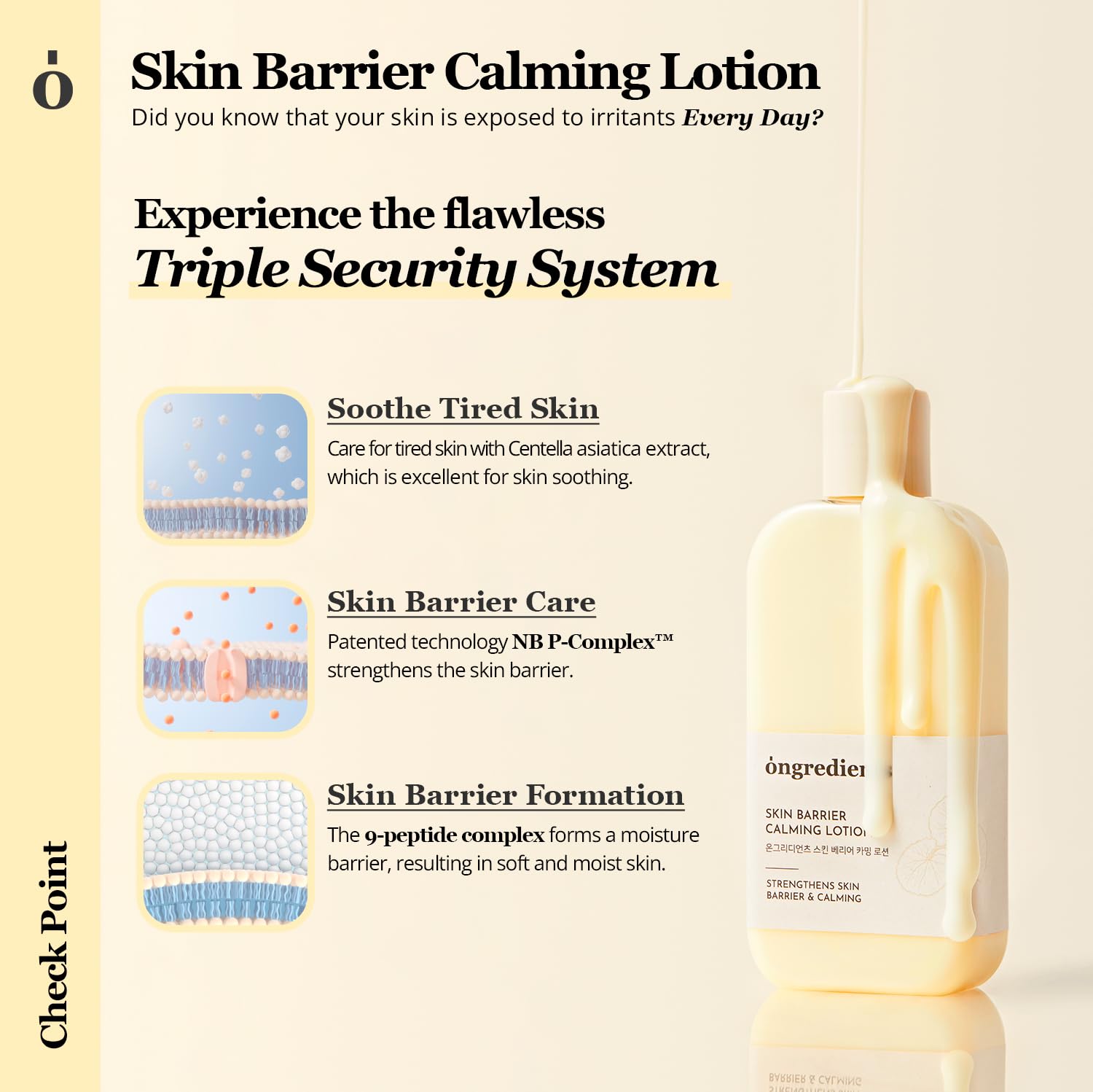 ONGREDIENTS Skin Barrier Calming Lotion texture close-up shows non-greasy absorption for daily use.