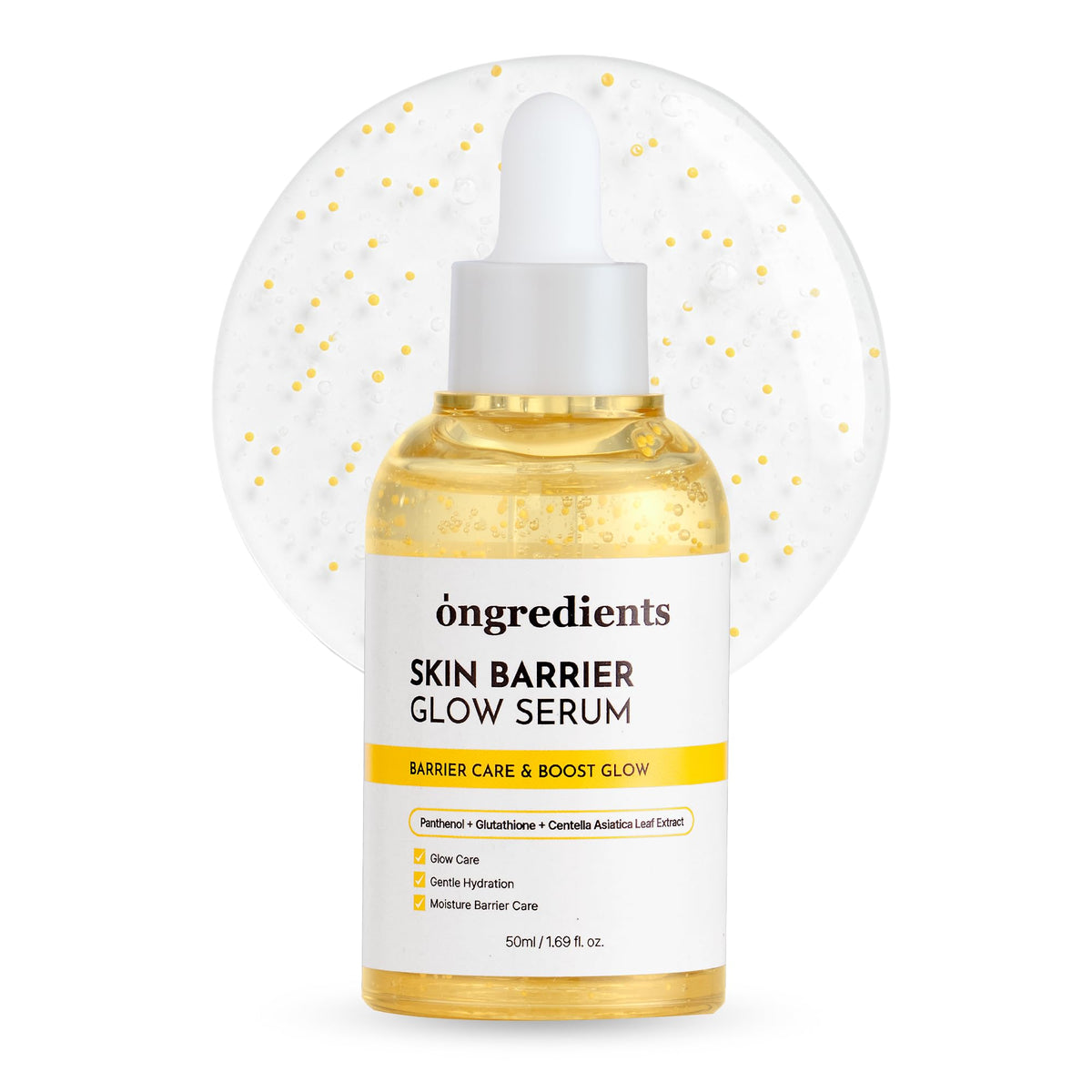 ONGREDIENTS skin-barrier-glow-serum-bottle promotes fast absorption and a radiant skin barrier.
