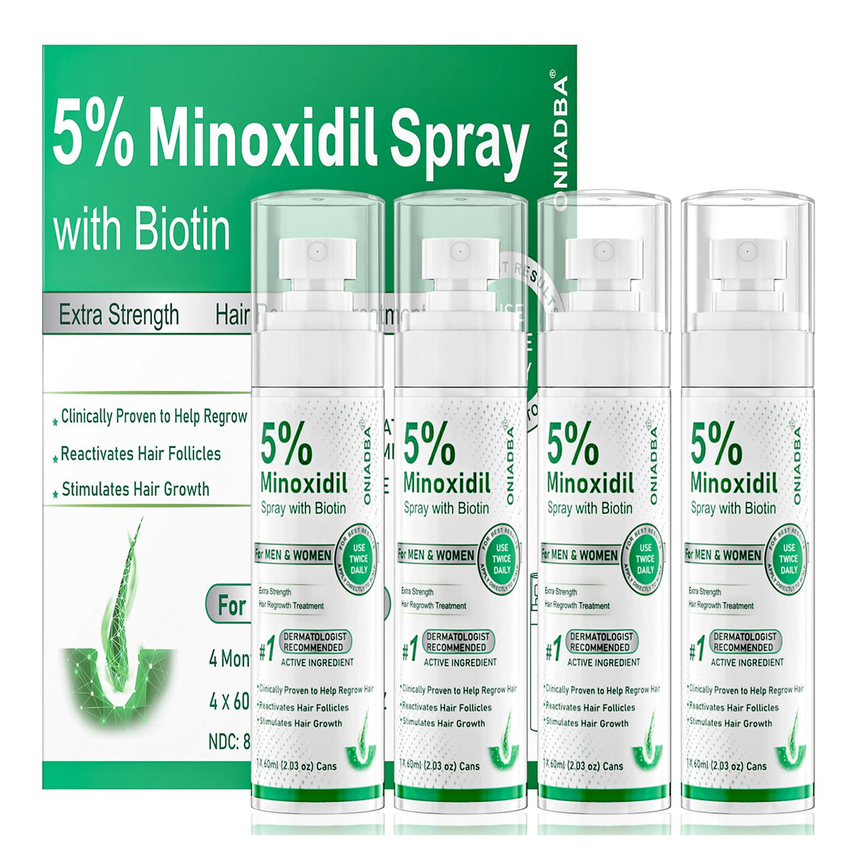 ONIADBA 5% Minoxidil spray bottle—potential scalp regrowth support.
