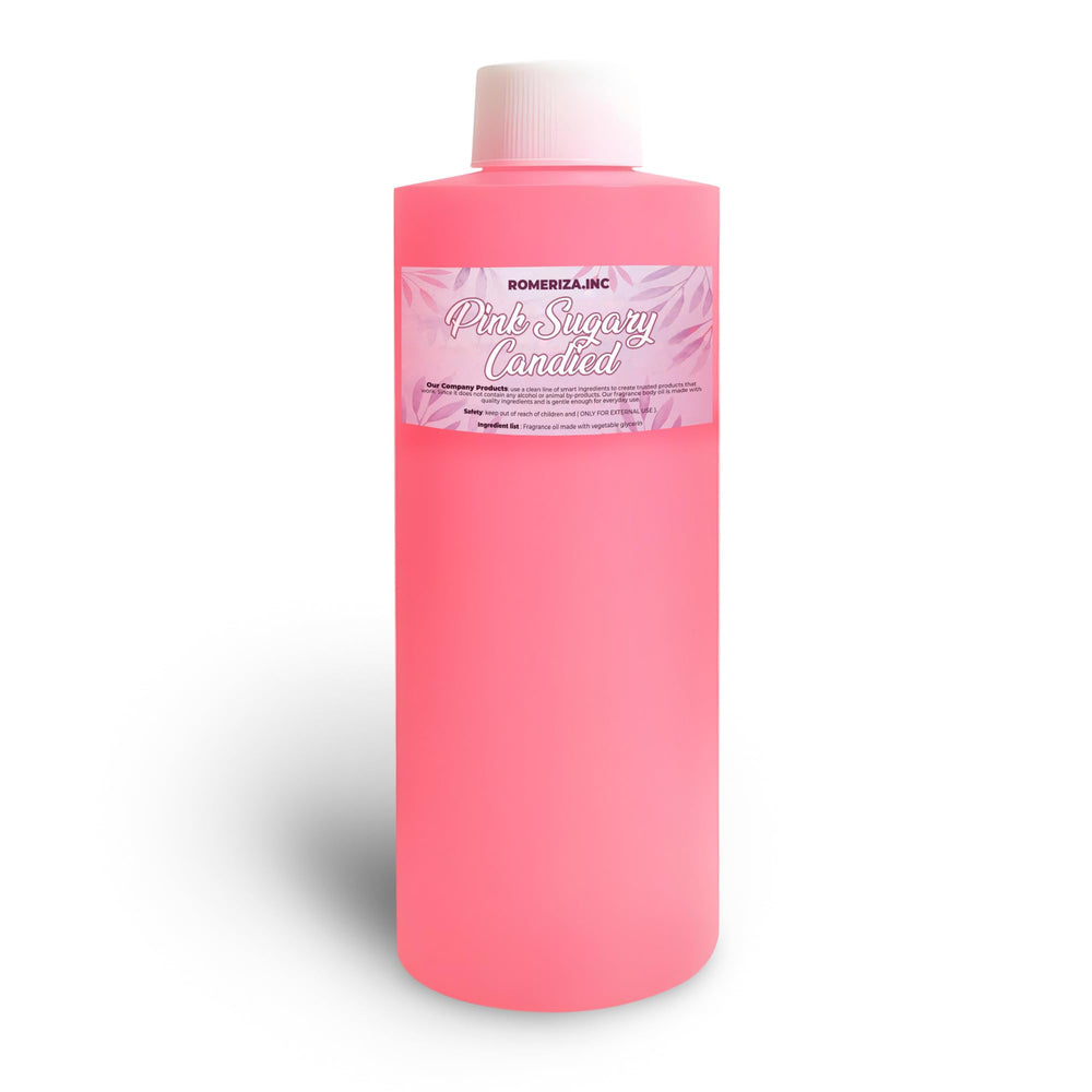 Onisavings Pink Sugary Candied Fragrance Body Oil bottle closeup shows rich hydration and lasting scent.