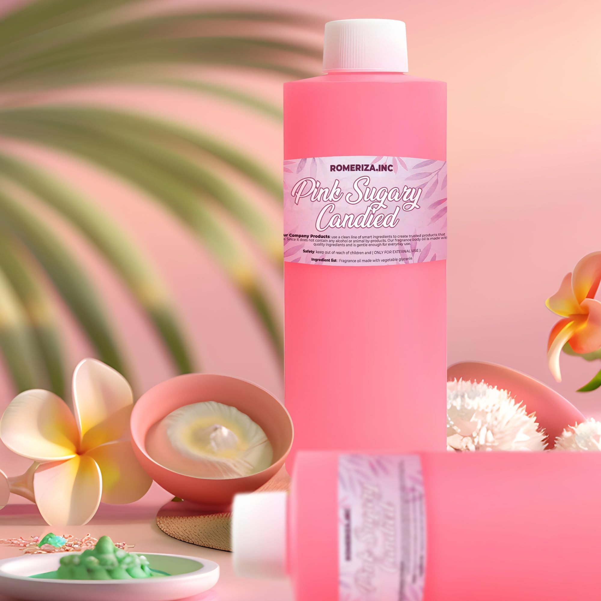 Onisavings Pink Sugary Candied Fragrance Body Oil full-body application provides a soft, comforting scent.
