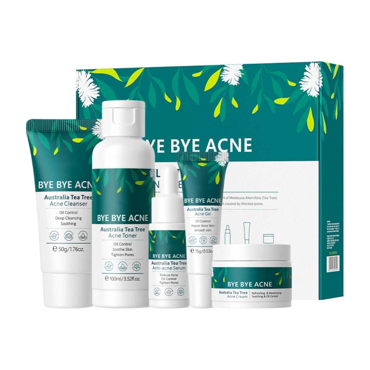 Onkessy skin care set tea tree cleanser close-up showing pore-clearing action