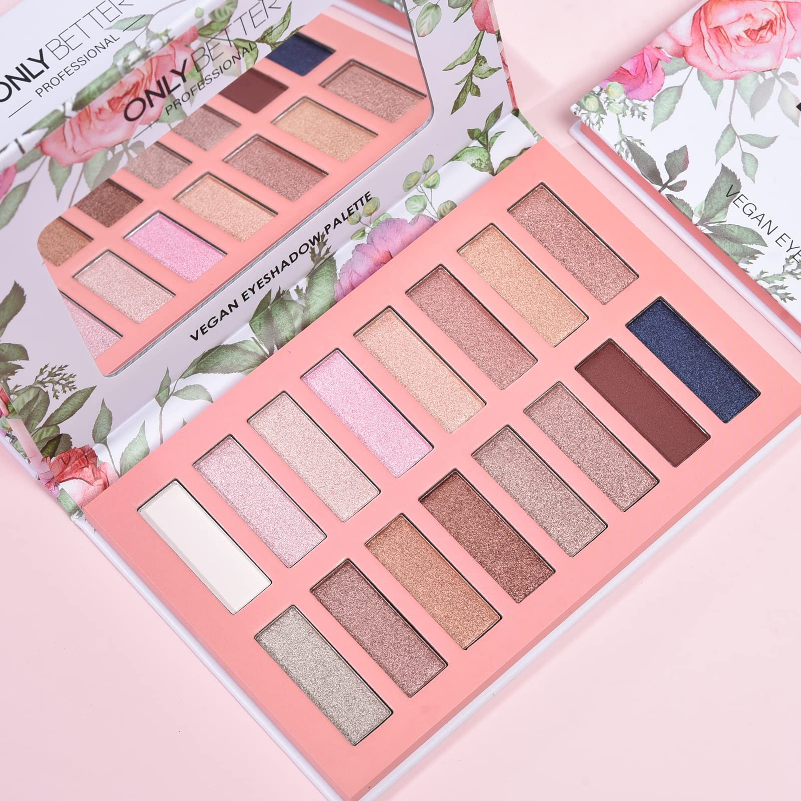 ONLYBETTER vegan nude eyeshadow palette packaging with magnetic lid for portable on-the-go touchups.