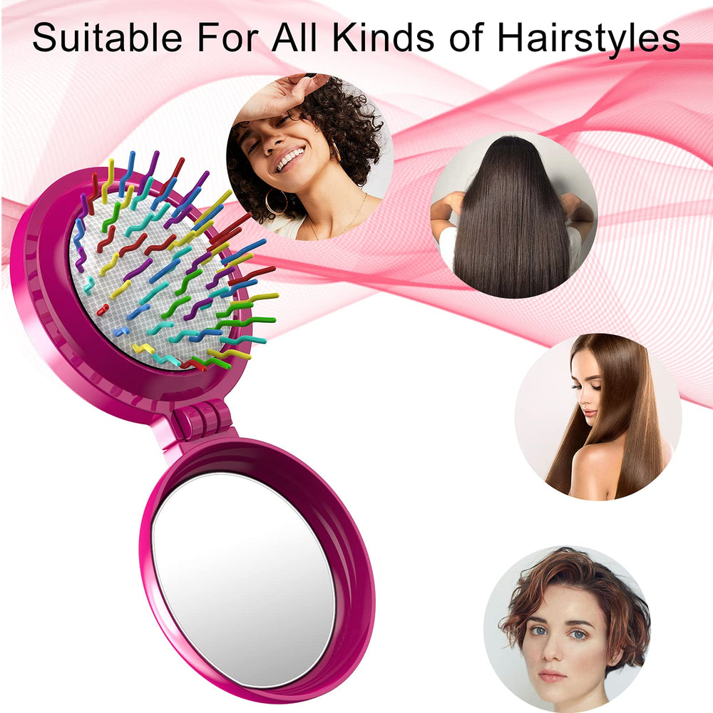 ONLYFU round folding brush with mirror highlights scalp massage and detangling in a compact form.