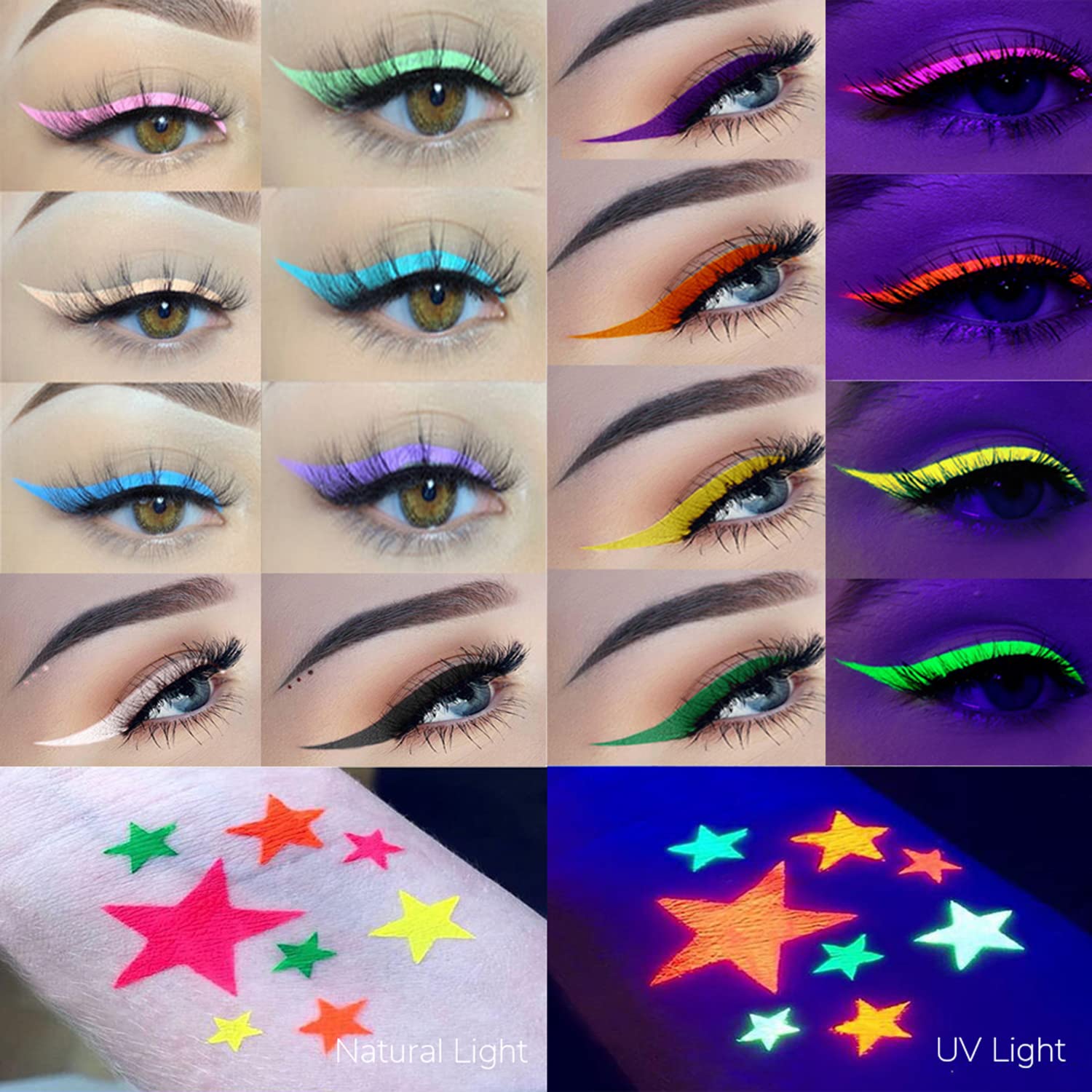 ONMAY festival makeup colors ideal for rave or Halloween looks under UV.