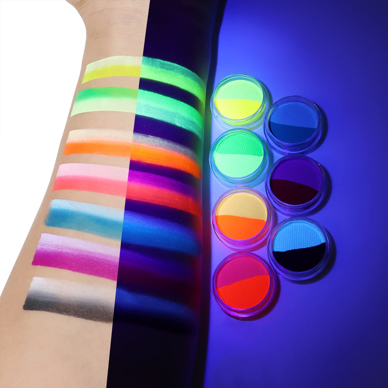 ONMAY UV blacklight glow pigment shines under UV light for eye and body art.