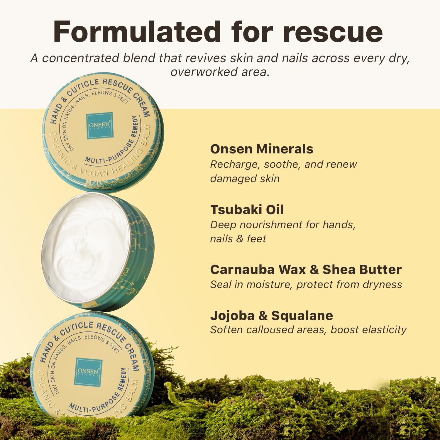 Onsen Secret essential oils blend image with Rosalina, Tea Tree, Rosemary, and Geranium aroma.