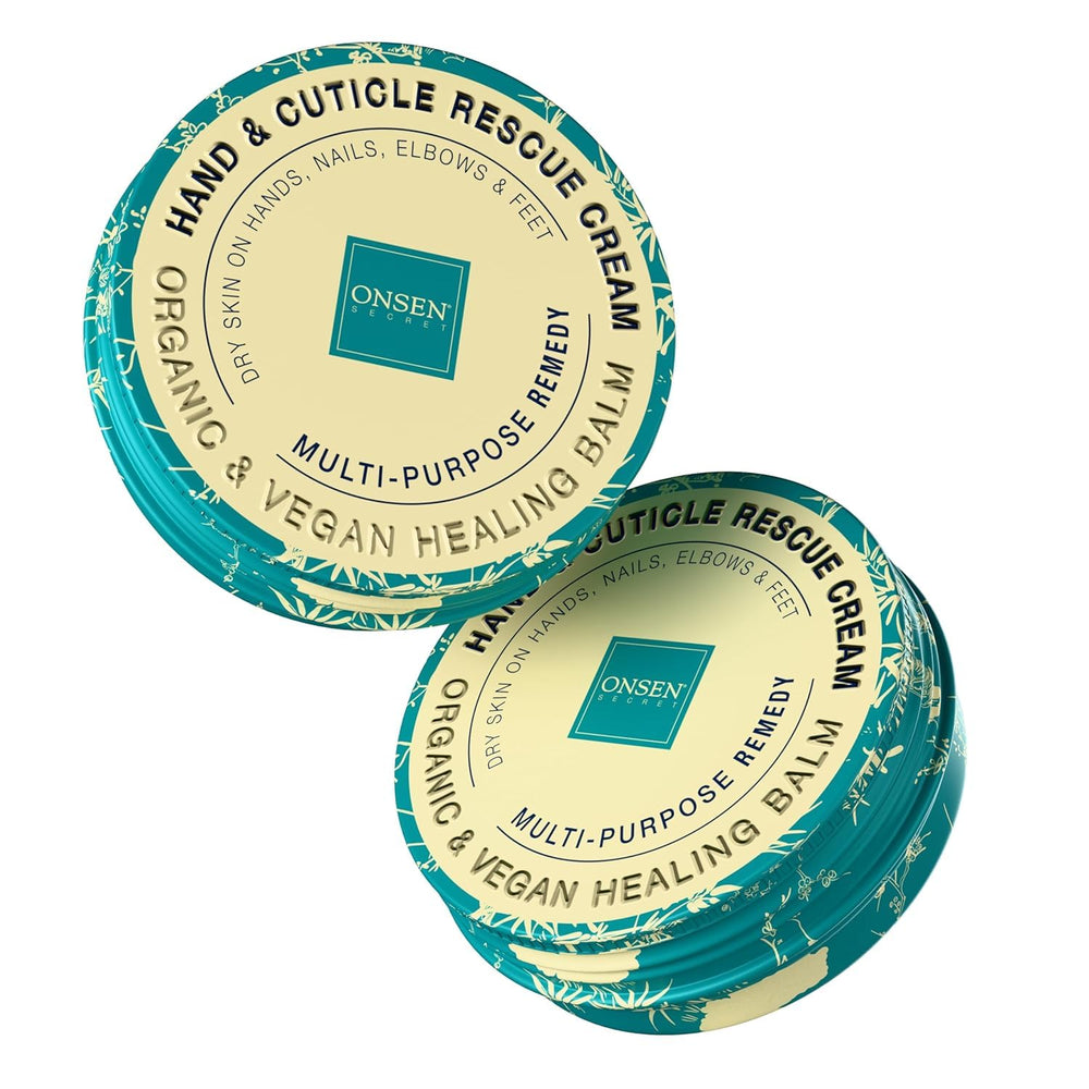 Onsen Secret hand cream jar close-up highlighting rich moisture for nails and cuticles.