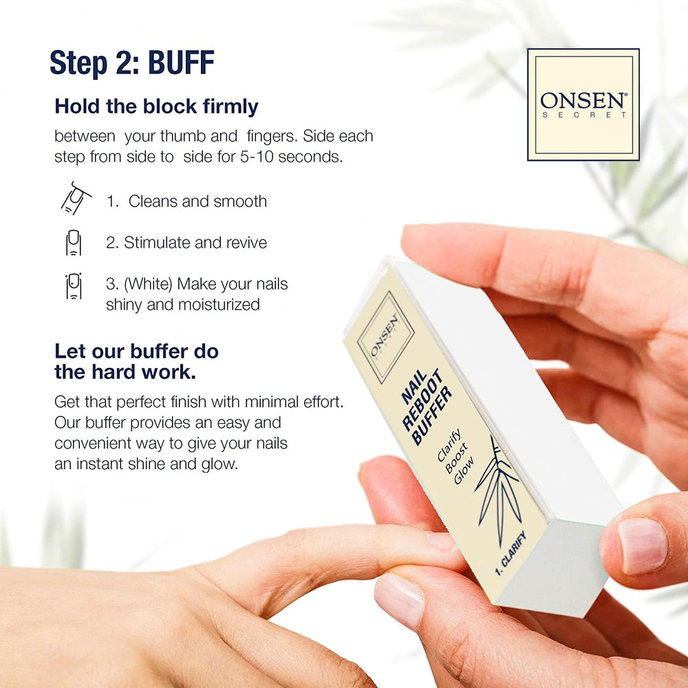 Onsen Secret 3-way buffer block for smooth, even nails.