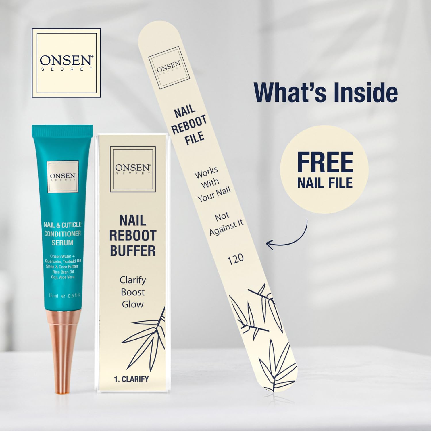 Onsen Secret double-sided nail file 120/180 grit for precise shaping and buffing.
