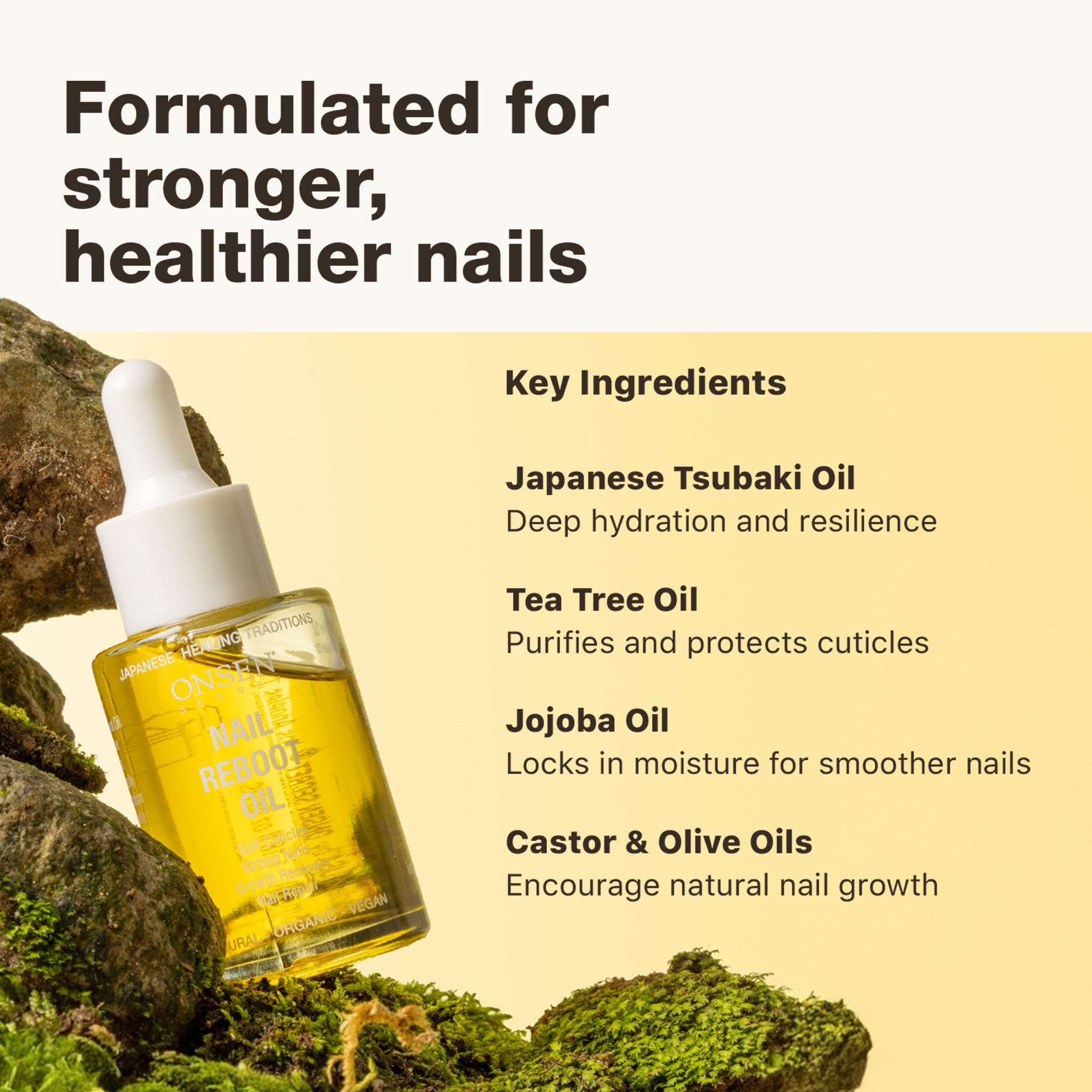 Onsen Secret Nail & Cuticle Oil on nails and fingers highlighting hydration and strength
