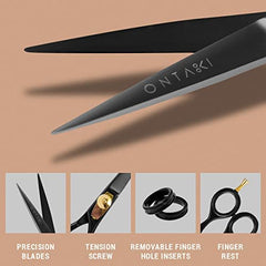 ONTAKI beard scissors show ergonomic handle with removable finger rest for comfort.