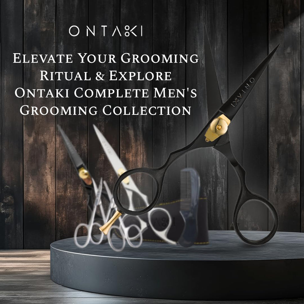 ONTAKI scissors highlight rounded tips for safe, precise mustache grooming.