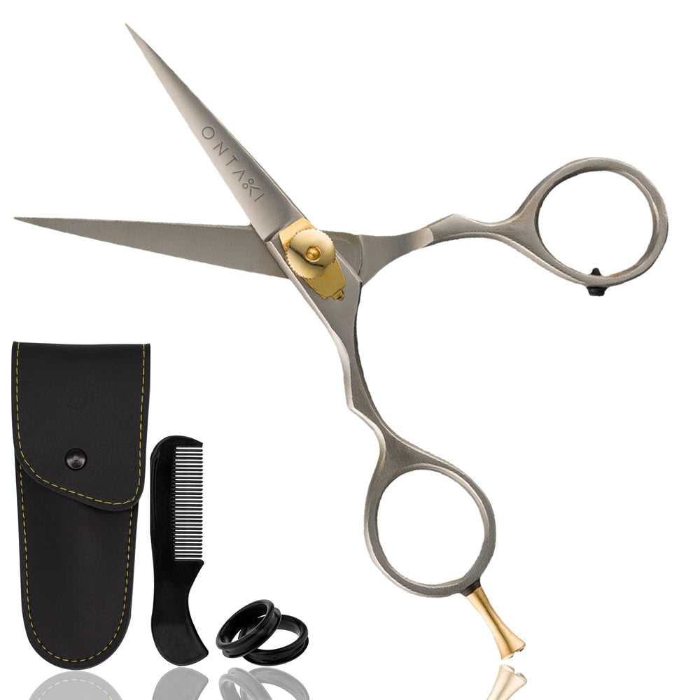 Ontaki Japanese steel beard and hair shears in silver for precise grooming and smooth cuts