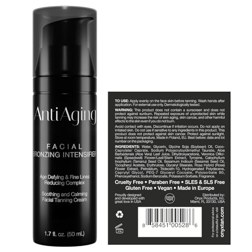 Onyx anti-aging face tanning lotion pump closeup highlights quick absorption and light feel.