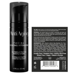 Onyx anti-aging face tanning lotion pump closeup highlights quick absorption and light feel.