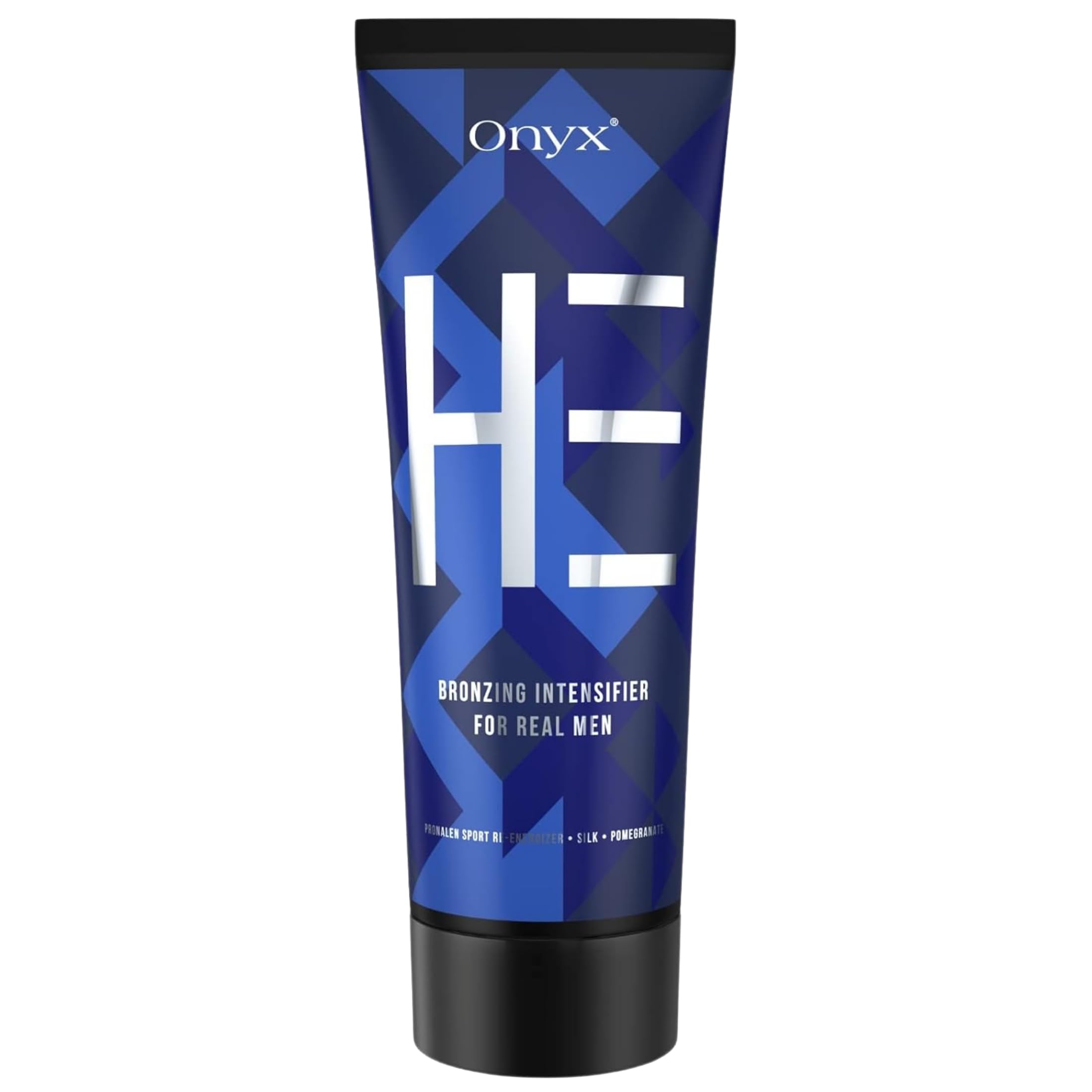 Onyx HE tanning bed lotion bottle shows sleek packaging for quick, dark indoor tanning.