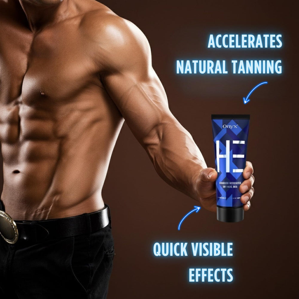 Onyx HE tanning bed lotion highlights muscle bronzing complex for defined physique.