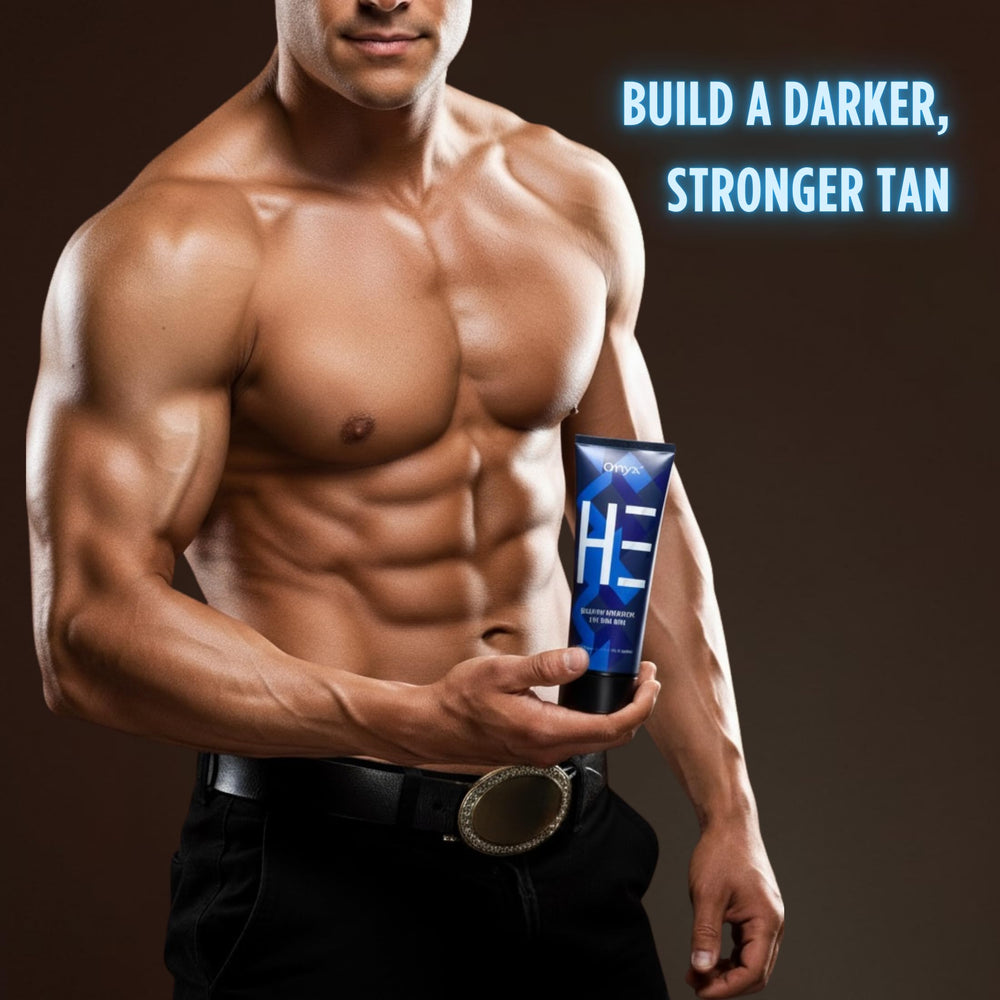 Onyx HE tanning bed lotion applied to skin shows even coverage and hydration.