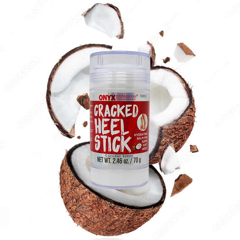 Onyx Professional cracked heel balm stick closeup highlighting coconut-scented hydration.