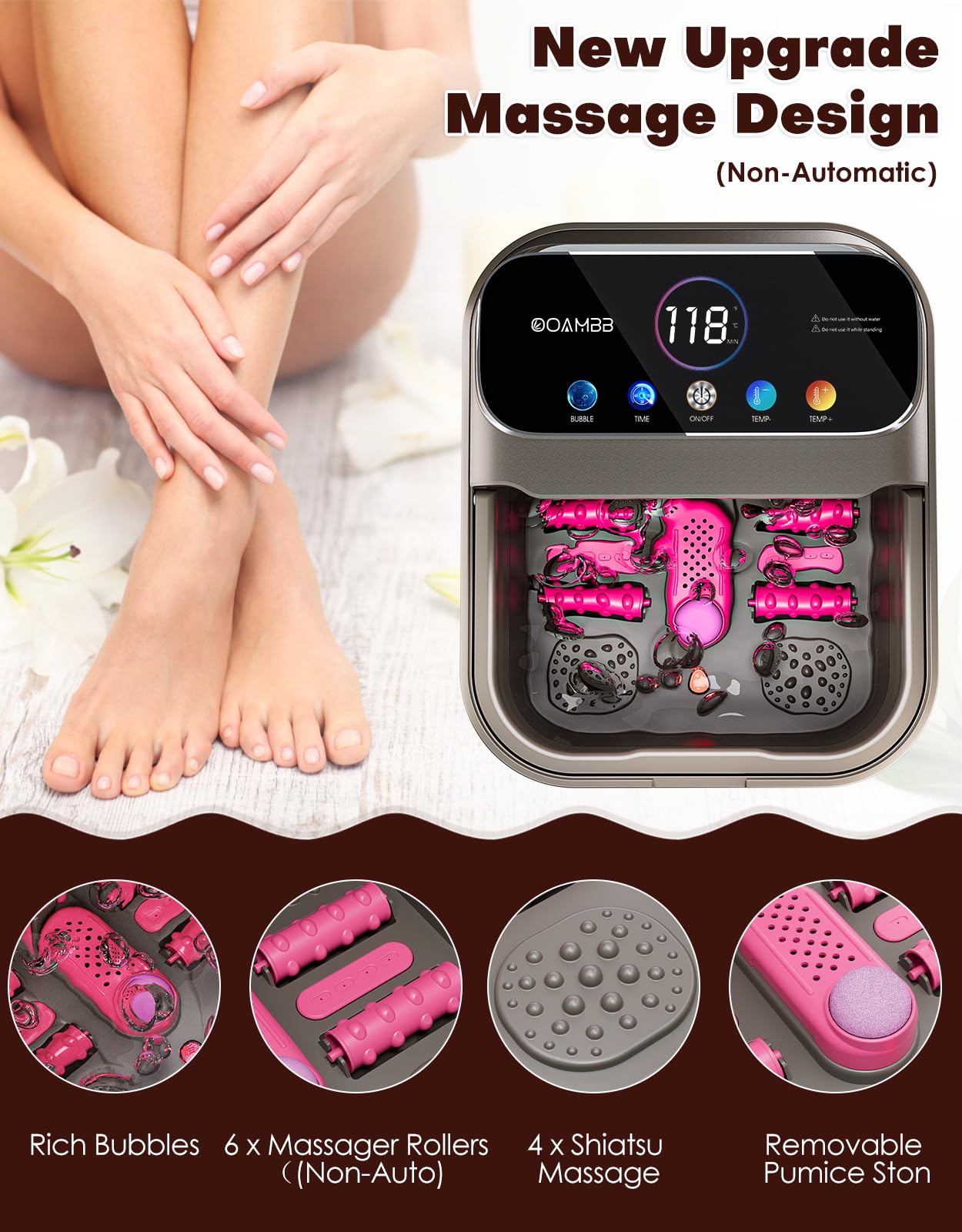 OOAMBB foot spa temperature control lets you set 95–118°F for comfortable warmth.