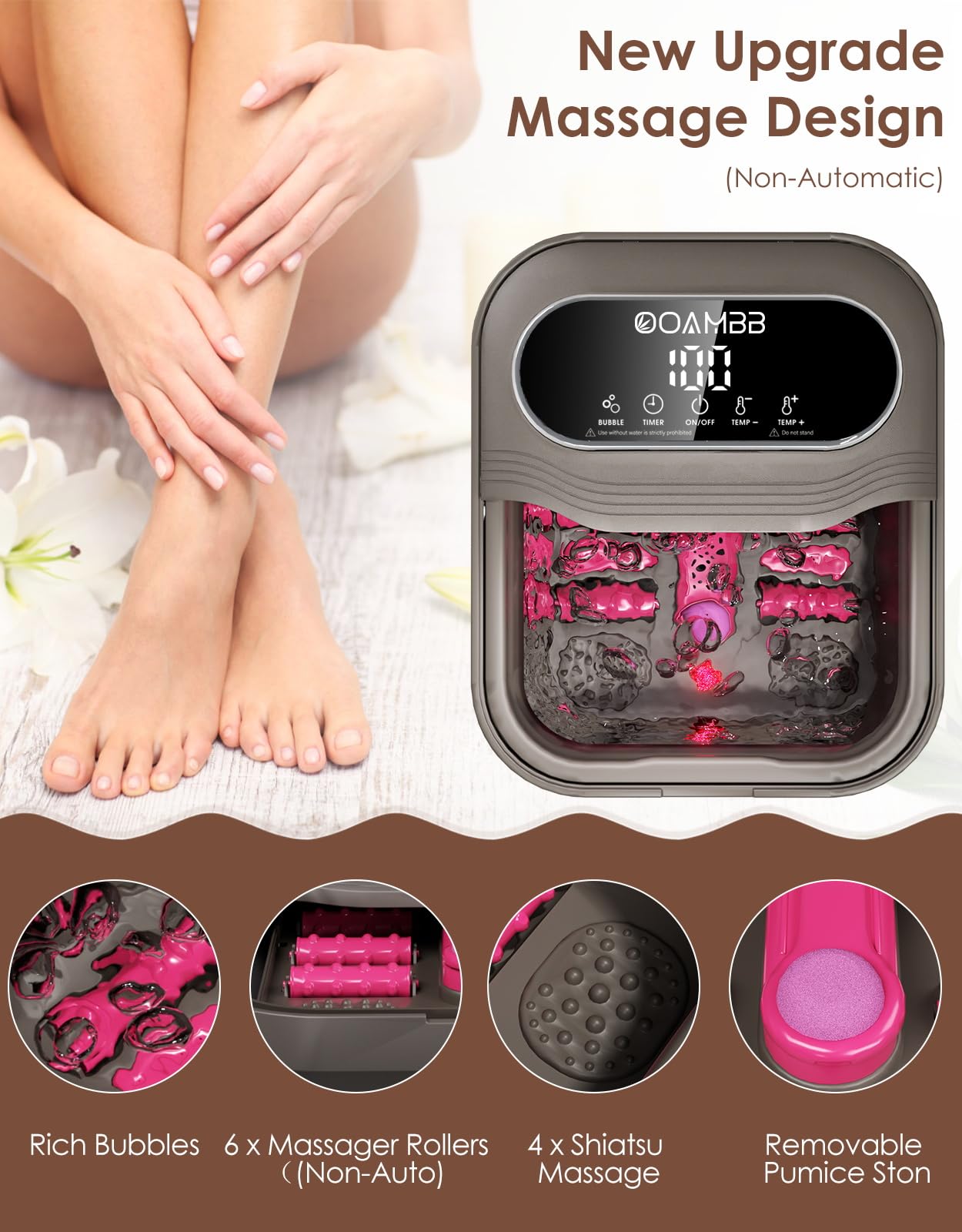 OOAMBB foot spa temperature control panel maintains comfortable heat during soaks.