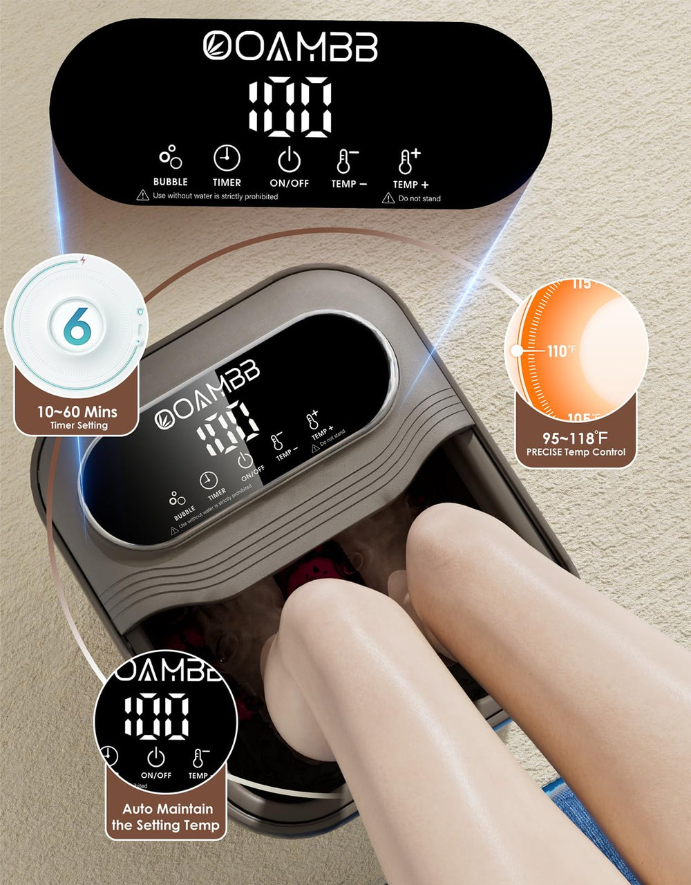 OOAMBB foot spa timer display helps plan personalized soak duration.