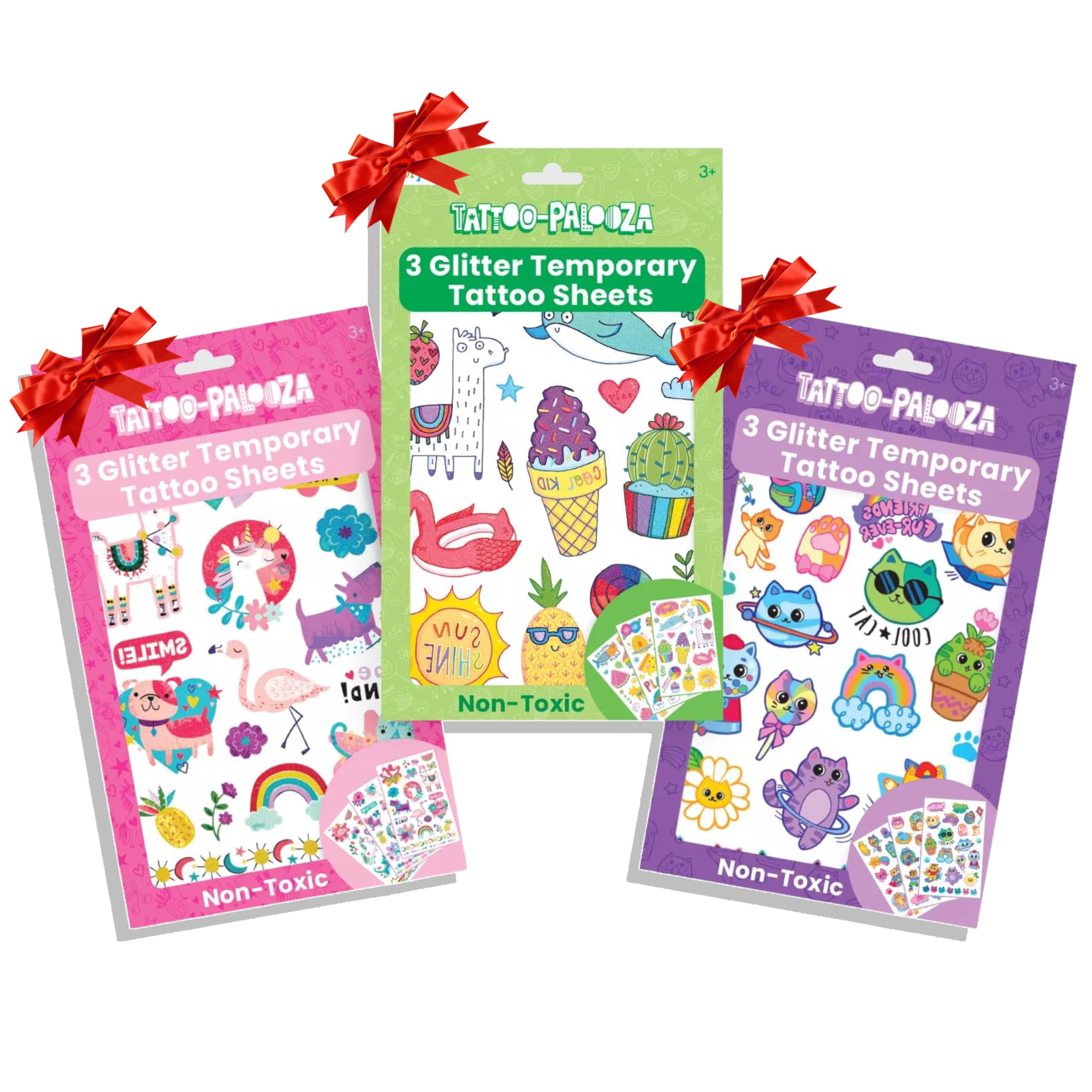 Ooly glitter tattoos featuring unicorns and cats on three sheets for playful party flair
