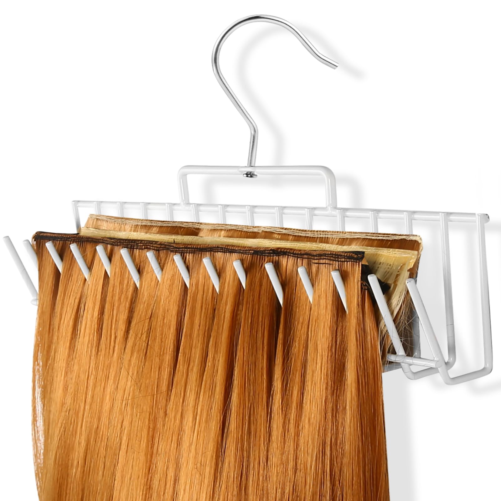 OORAII Hair Extension Holder front view, wide rack for long extensions and ponytails, organized display