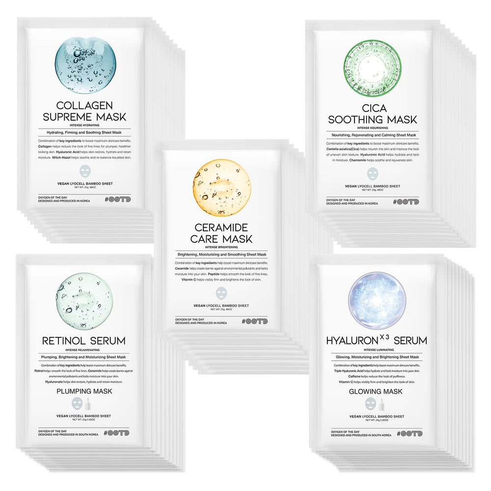 OOTD 50Combo gift-pack unboxing showing vegan sheet masks for hydrating skin