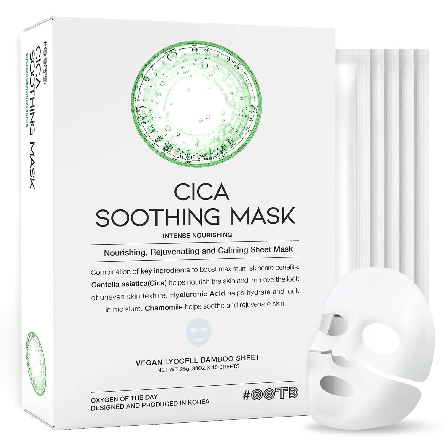 OOTD Cica Calming Mask packaging highlighting sustainable beauty and Eve Vegan certification.