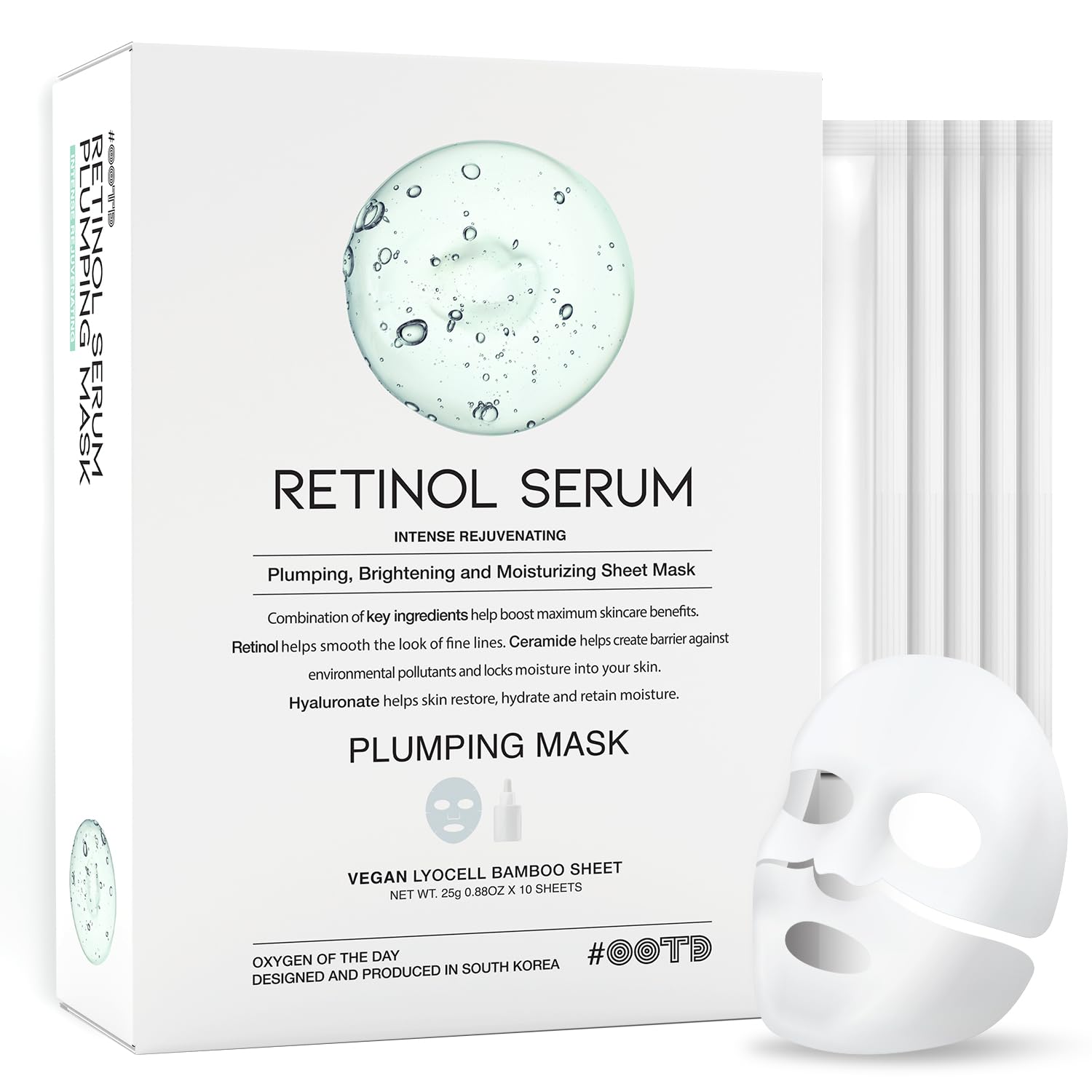 #OOTD Retinol Sheet Mask packaging featuring vegan certification and sustainability.