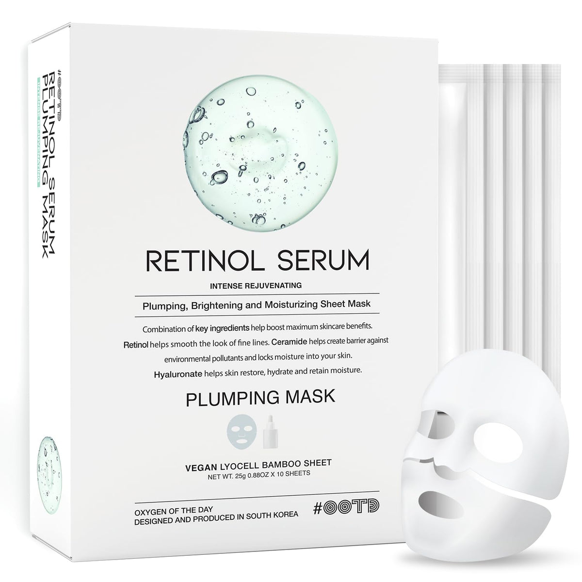 #OOTD Retinol Sheet Mask packaging featuring vegan certification and sustainability.