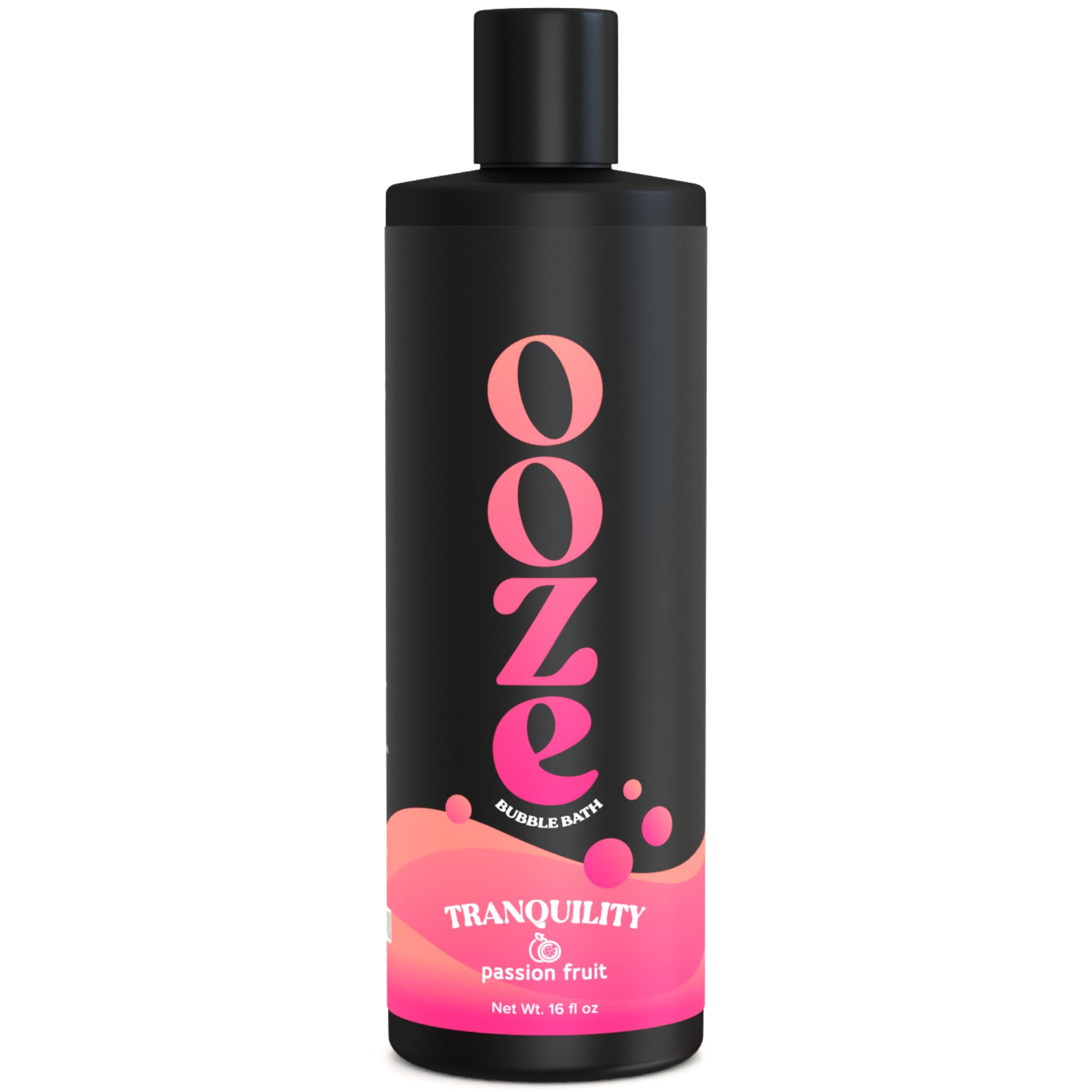 OOZE Passion Fruit Bubble Bath bottle close-up showcases soothing self-care.