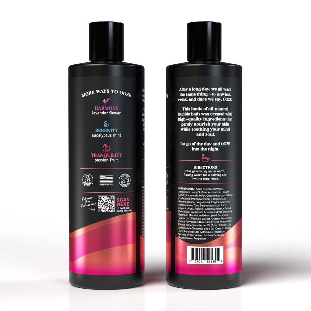 OOZE Passion Fruit Bubble Bath QR playlist hints at mood-enhancing soak.