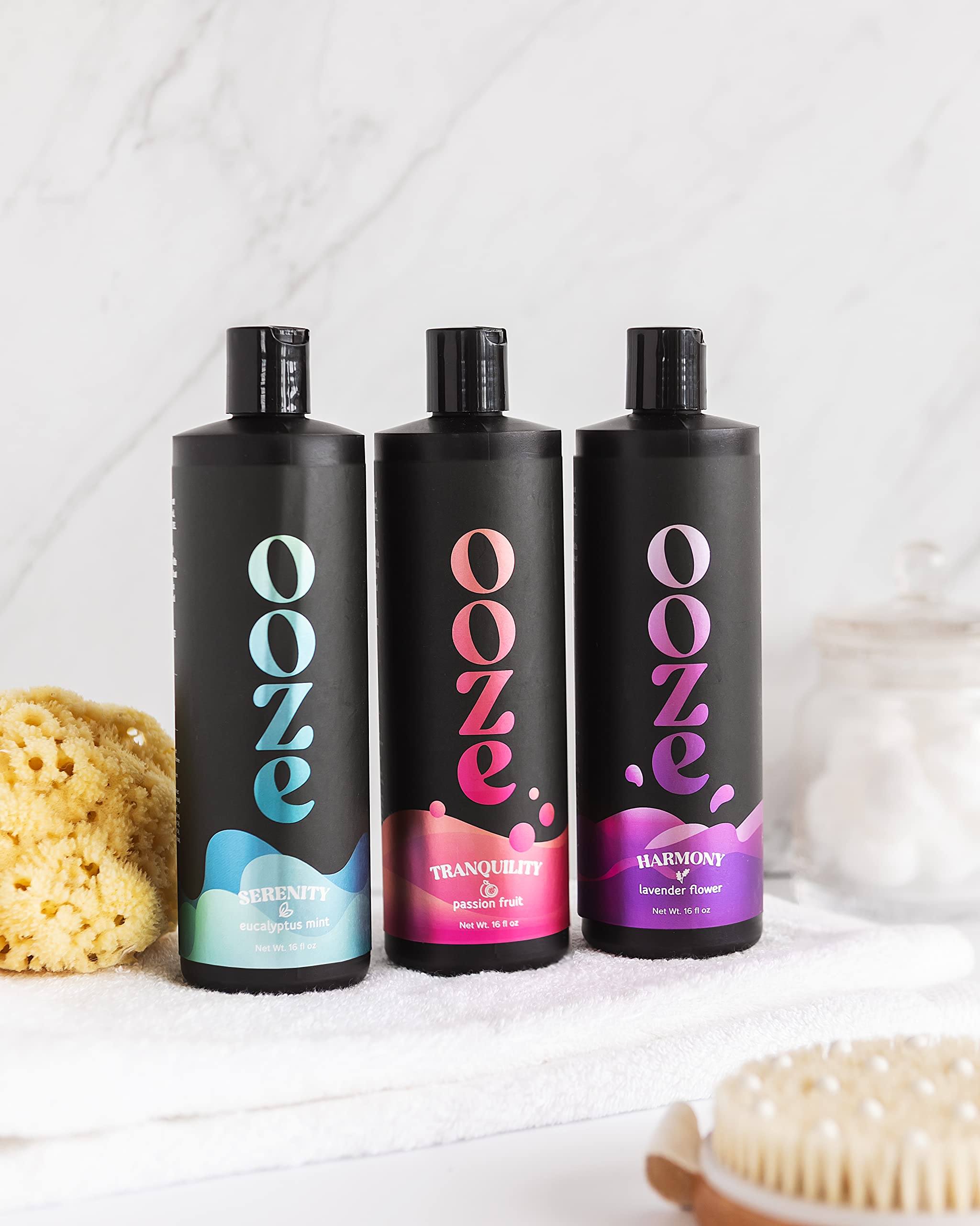 OOZE Passion Fruit Bubble Bath spa setup evokes a tranquil at-home retreat.