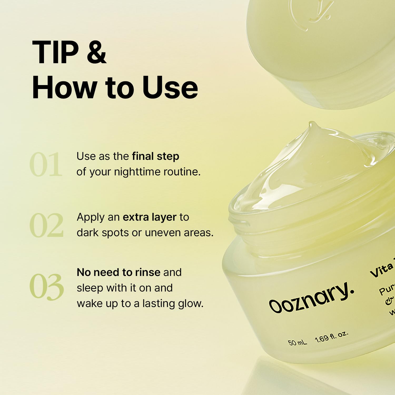 OOZNARY Vita 3 pudding cream showing hydration and repair for delicate skin.