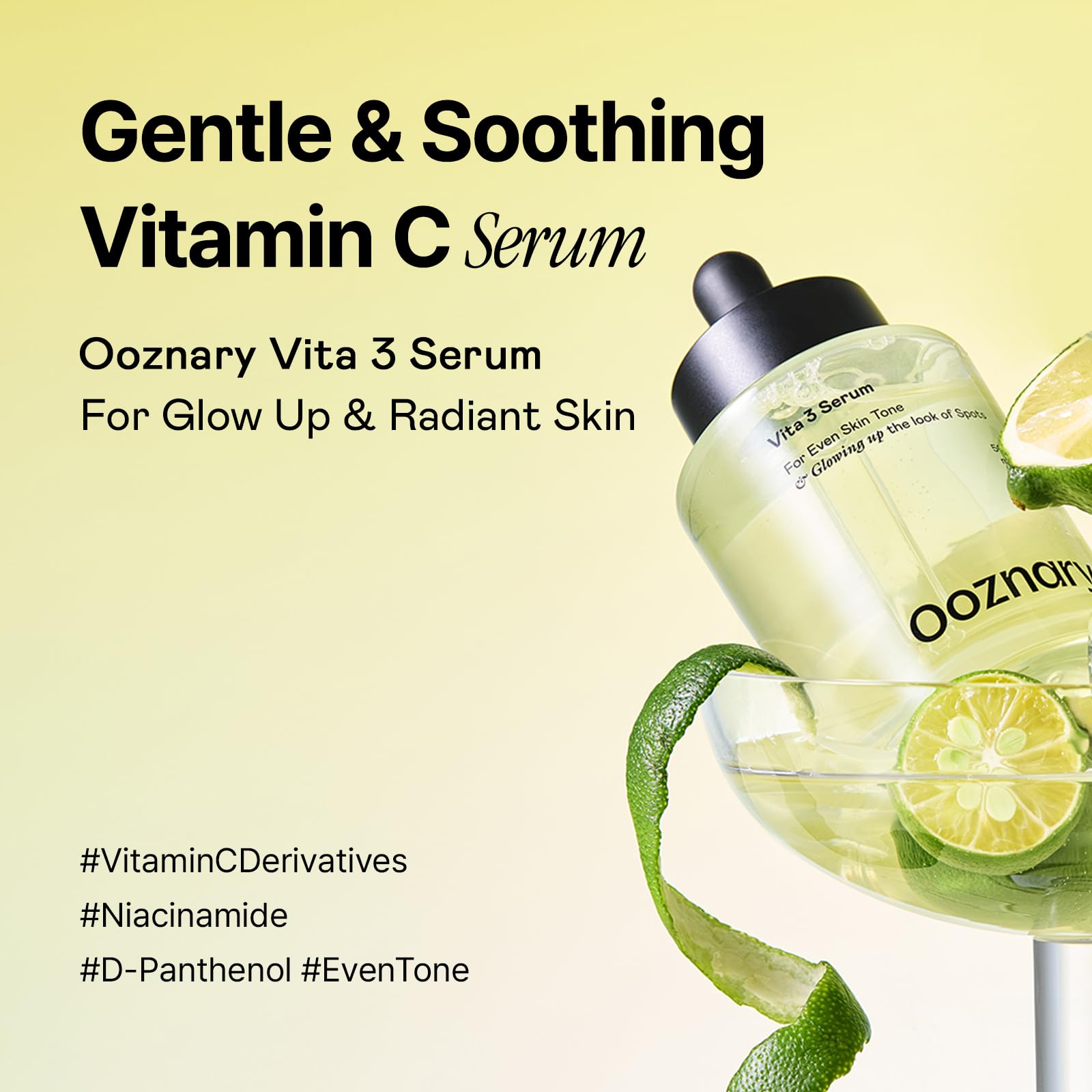 OOZNARY Vita 3 Serum dropper close-up showing fast-absorbing formula for smooth skin.