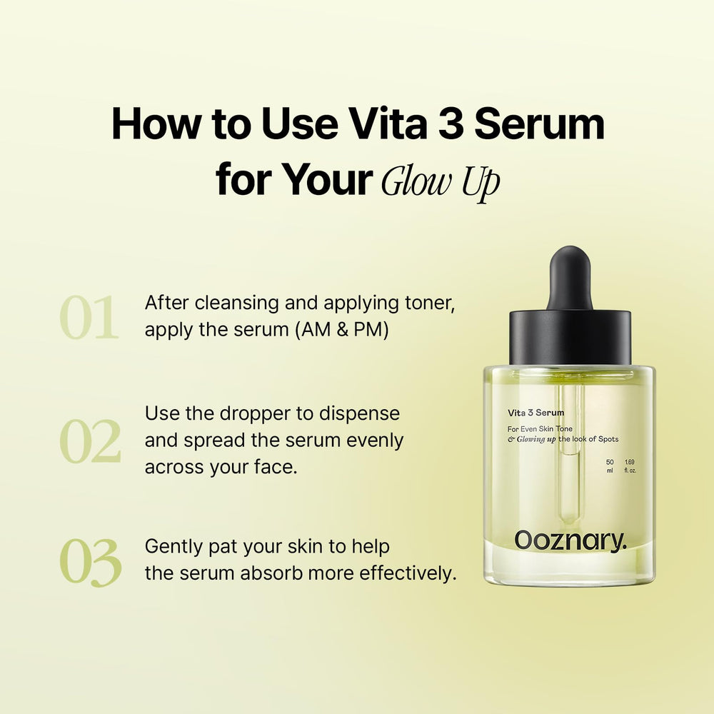 OOZNARY Vita 3 Serum sunlit bottle hints at even-toned radiant skin.
