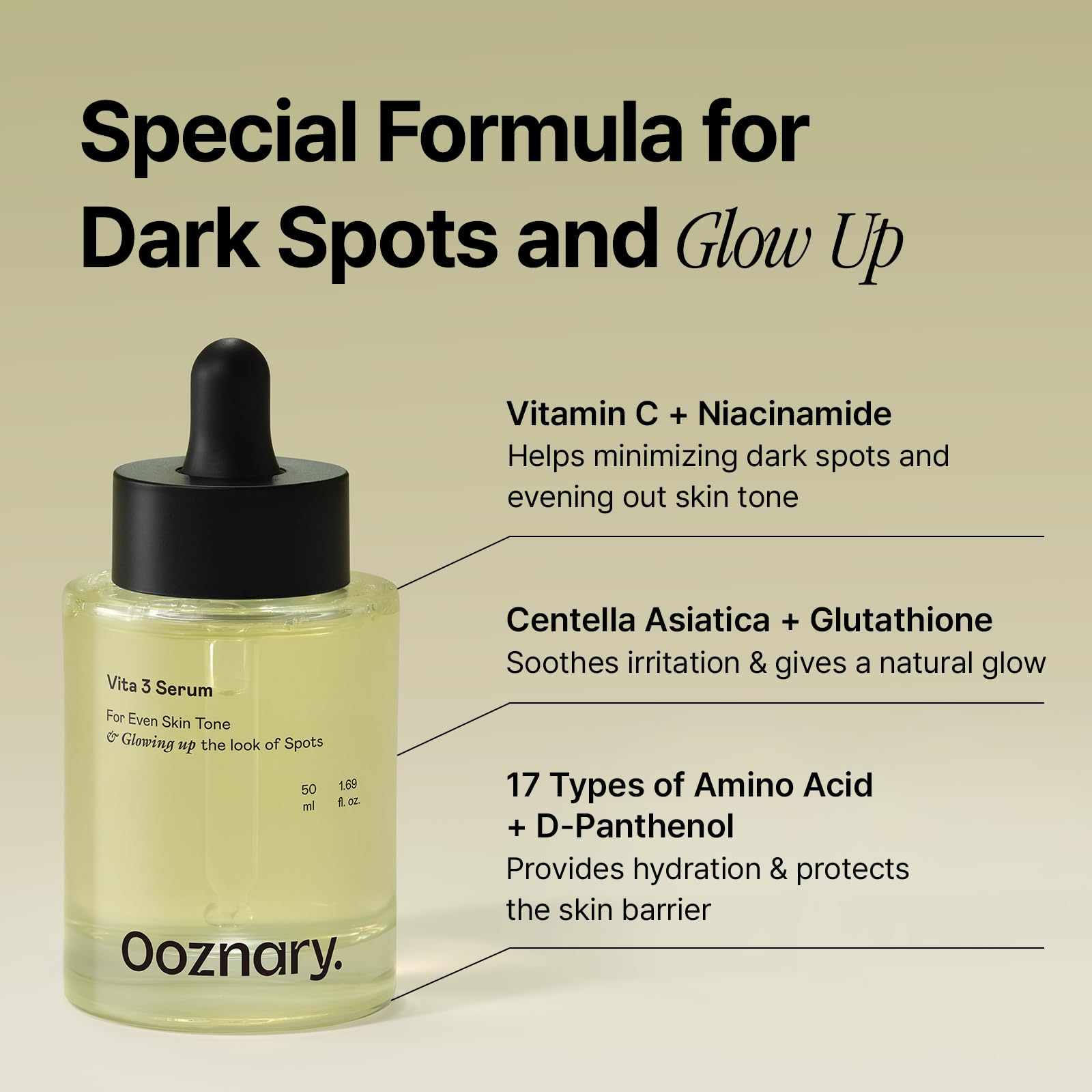 OOZNARY Vita 3 Serum texture close-up shows light hydration and non-sticky finish.