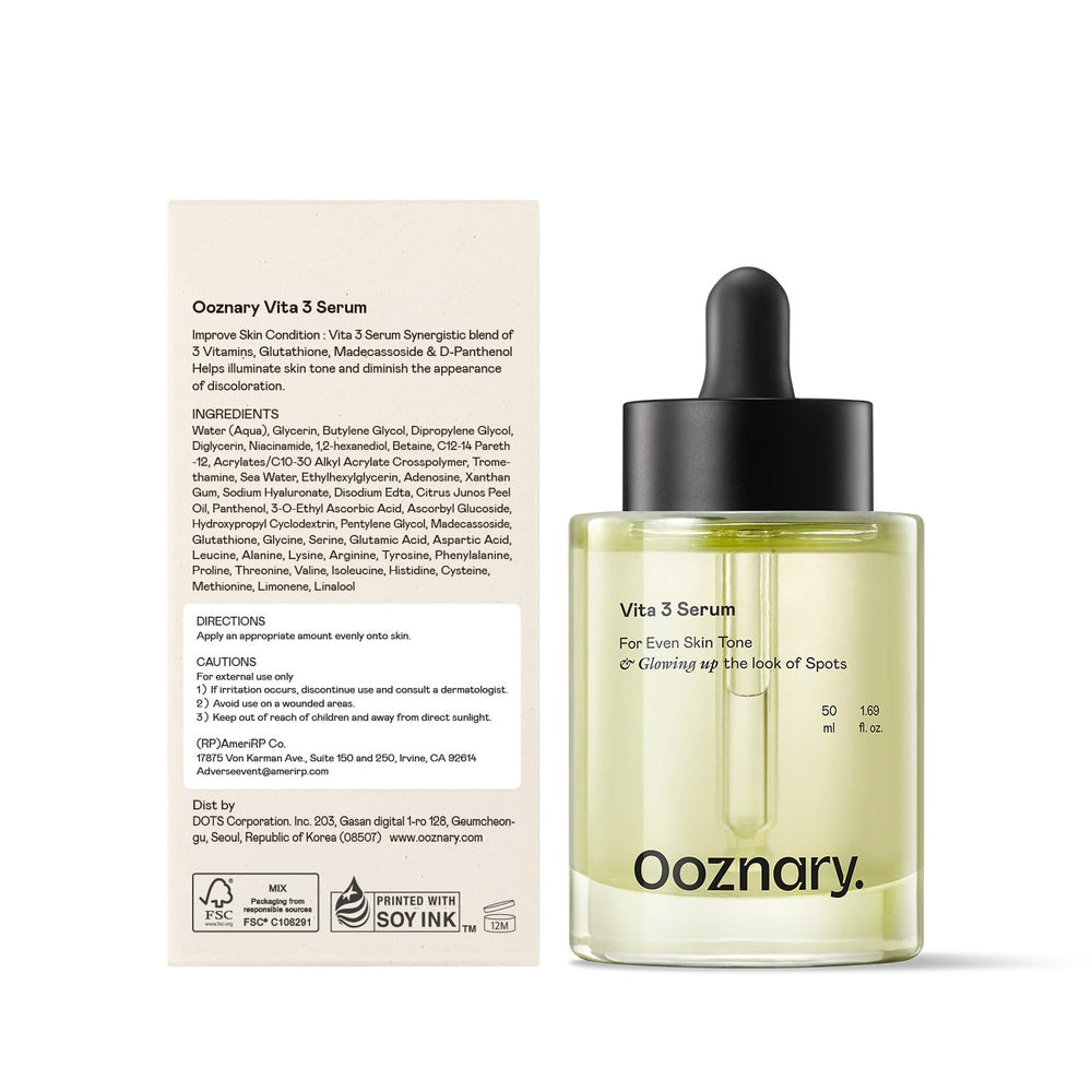 OOZNARY Vita 3 Serum packaging and pump design signals premium care.