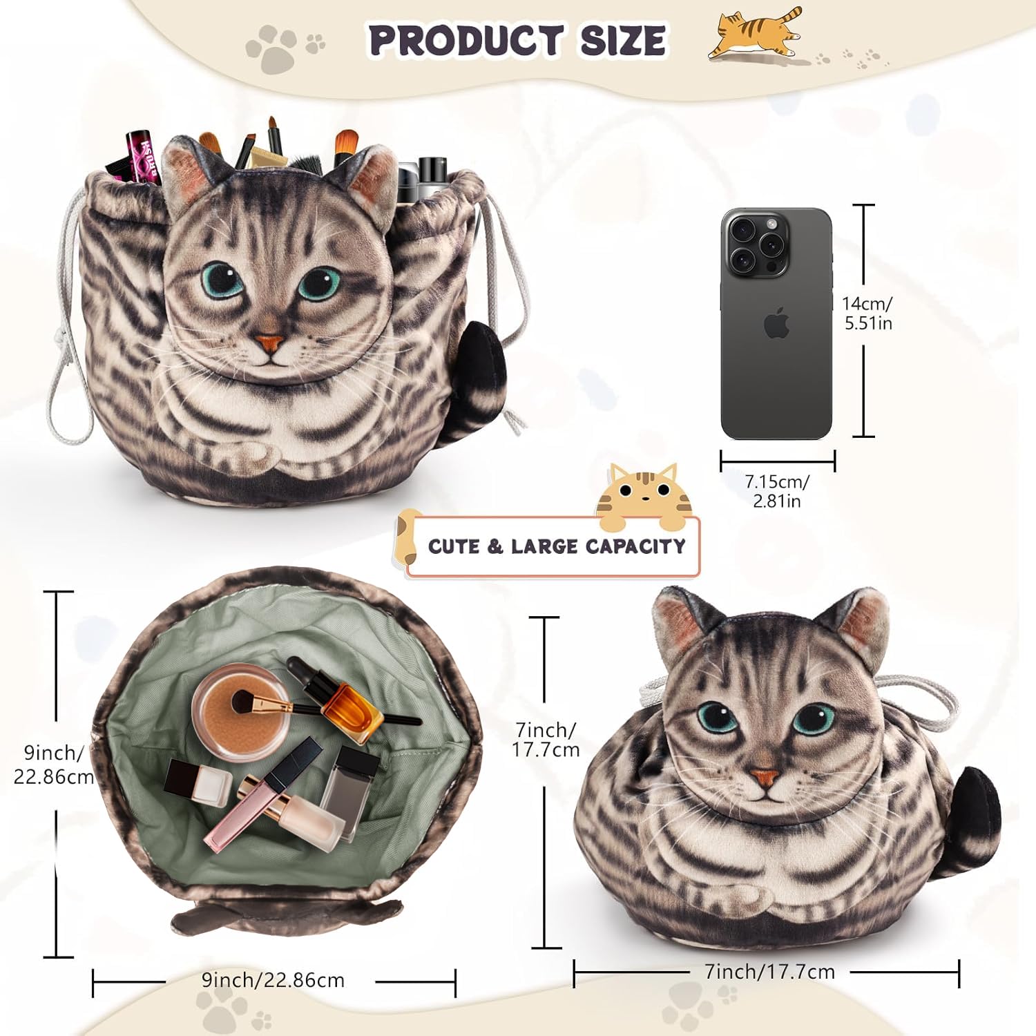 Openhahaha cat head drawstring bag features playful feline charm.