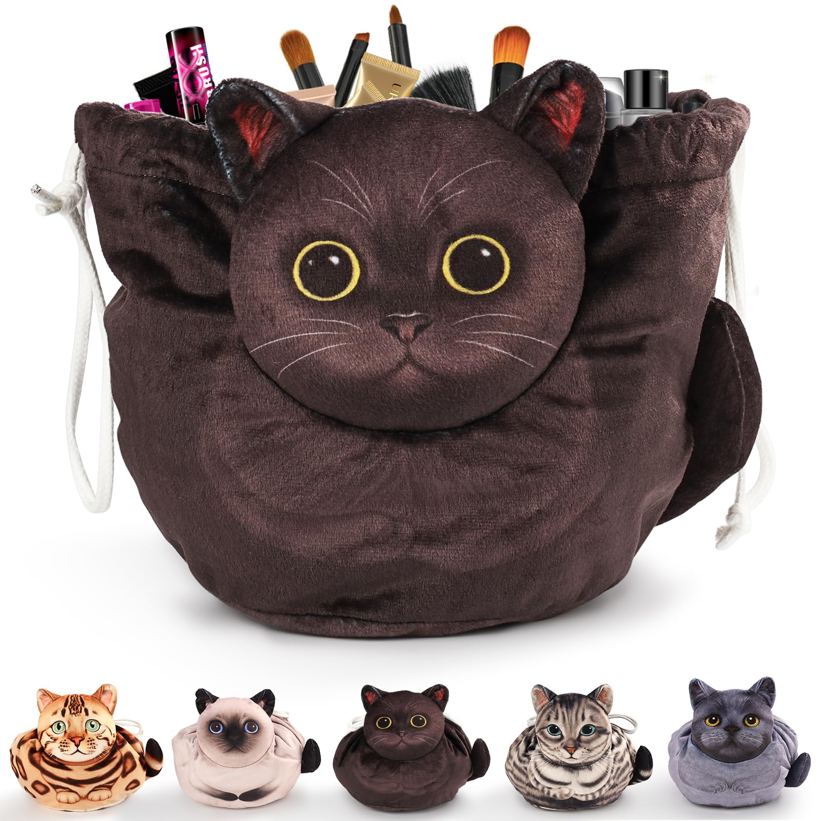 Openhahaha drawstring makeup bag with cat head design ideal for quick access and spill control.