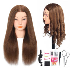 Opini mannequin head brown front view for realistic styling practice.