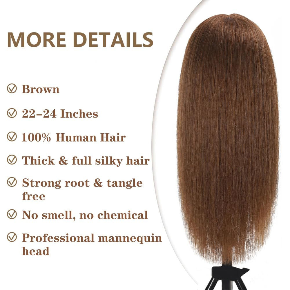 Opini mannequin head brown hair full-real-hair density for authentic styling.