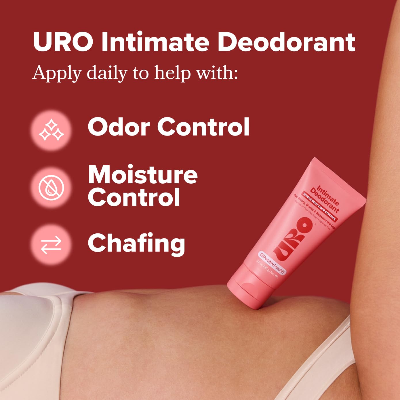 O Positiv URO application scene showing external use on skin for odor control