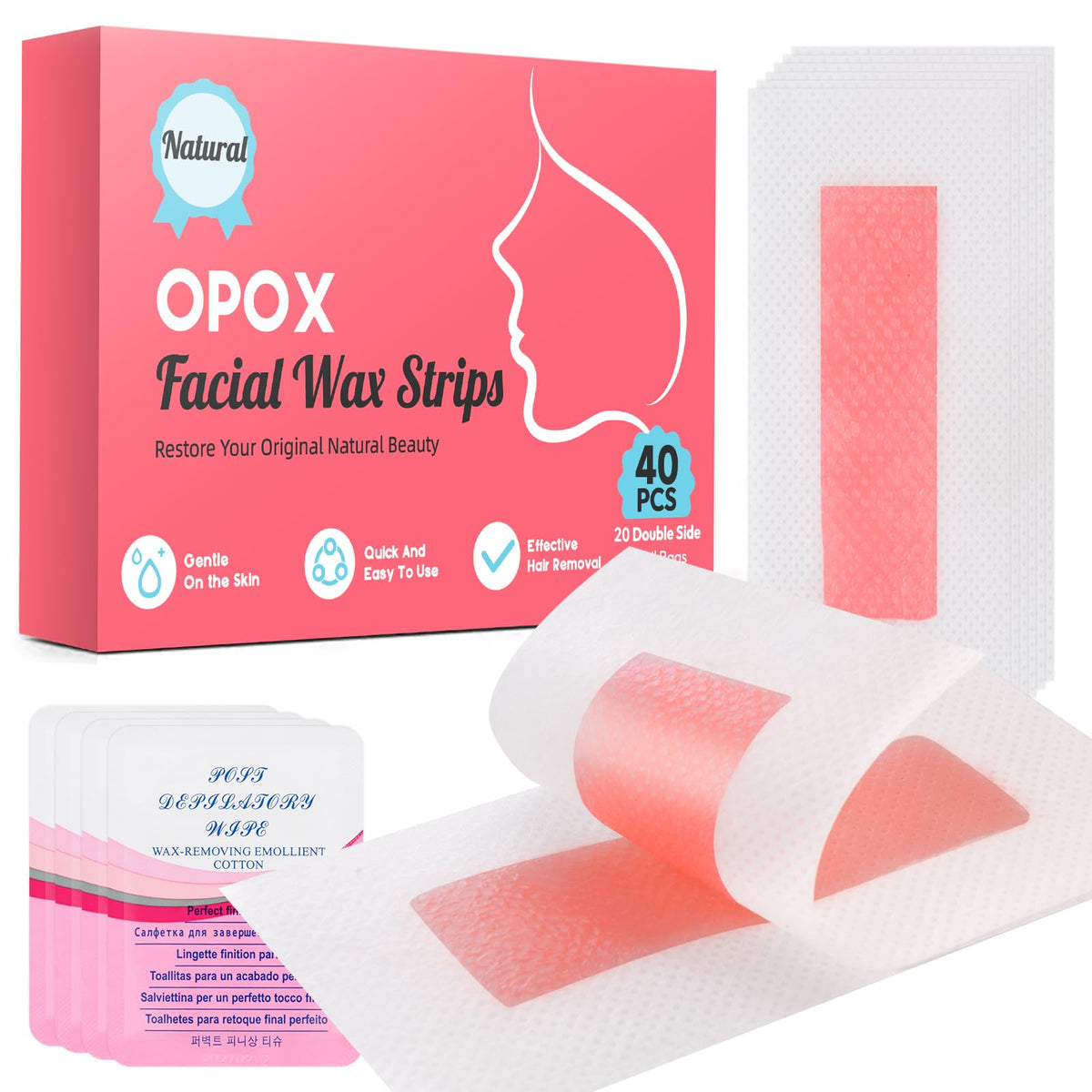 OPOX 40pcs facial wax strips pack ready for at-home hair removal and smoother skin.